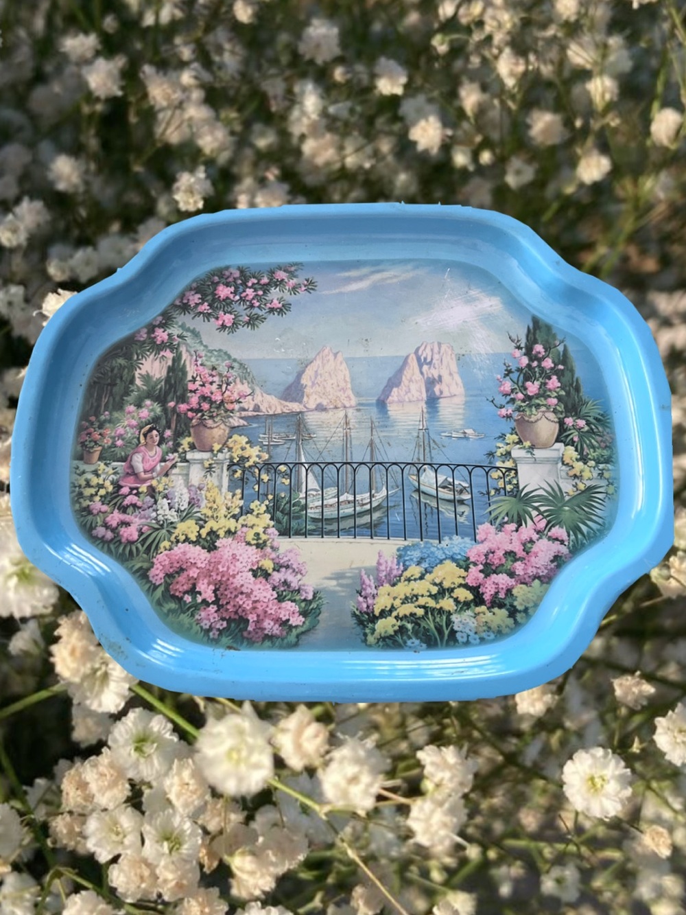 Metal Tray Manufacturing Company Capri Italy 1960s Blue scenic Pressed Tin tray